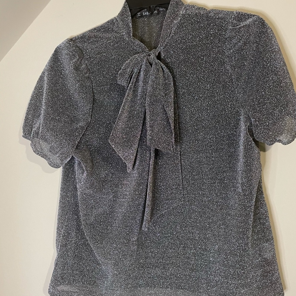 SHEIN Sheer Gray Neck Tie Top
